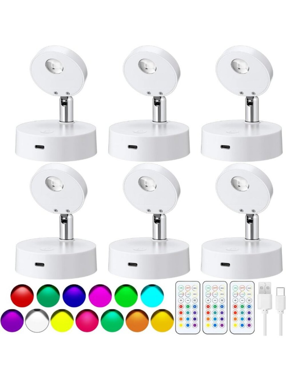 6 Rechargeable LED Spot Lights with Remote Control - 13 Color RGB Options